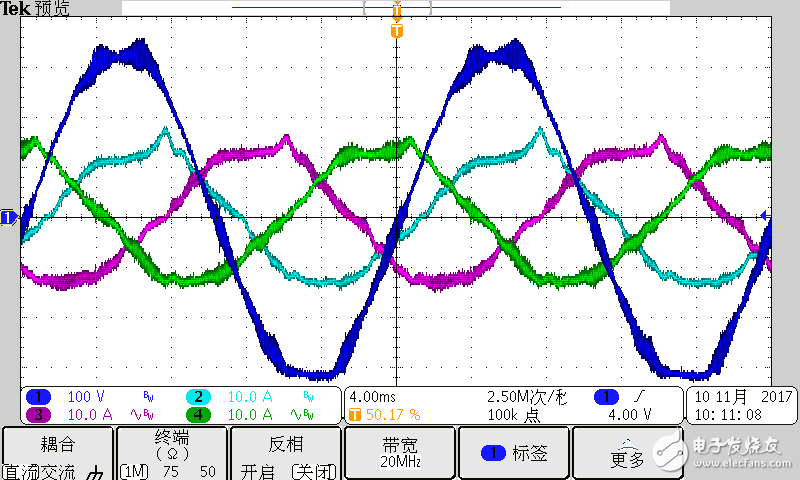 蓝 {MOD}的是电网电压，剩下的是电流。